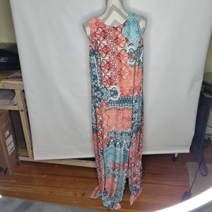Sabrina Blue NWT Maxi Dress 2 Slit Front 1 Button Back Teal/red/orange Size 1X
